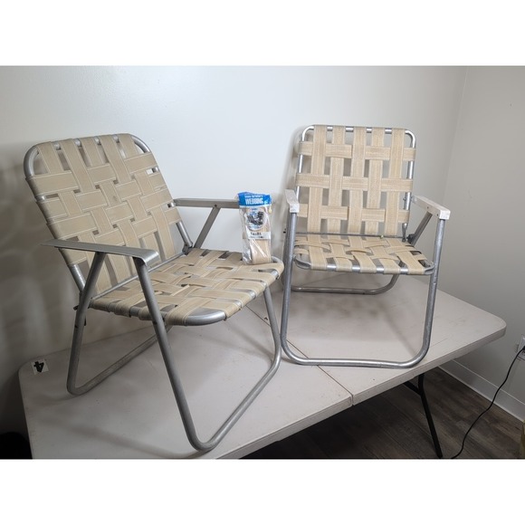 Sunbeam Other - Vtg Pair Sunbeam Webbed Aluminum Folding Lawn Patio Chairs Tan w Replacement Web